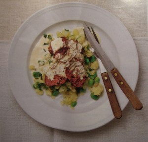 Slow-cooked pork cheeks, crushed Jersey Royals, broad beans & grain mustard sauce