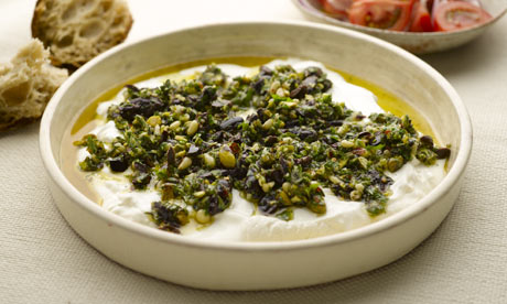 Labneh with olives, pistachios and oregano