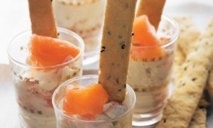 Onion seed breadsticks, with shots of smoked salmon cheese